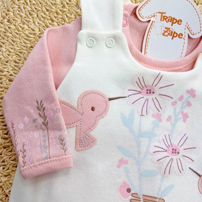 Conj. Body Manga Longa e Jardineira Suedine - Passarinhos - Off White e Rose